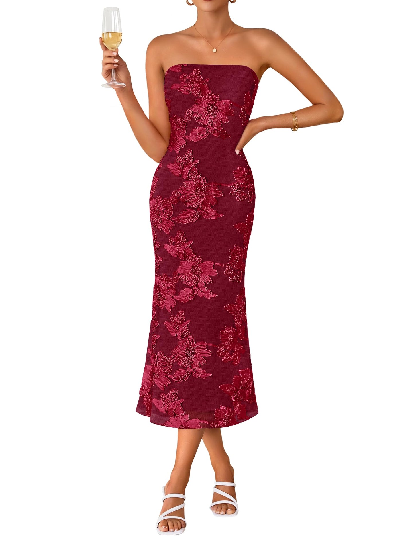 Women's Summer Strapless Floral Midi Dress 2026 Bodycon Mesh Tube Wedding Guest Cocktail Party Long Dresses