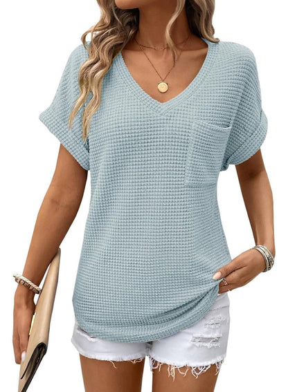Limited time sale🔥Women's Oversized Waffle V Neck Short Sleeve Casual Top