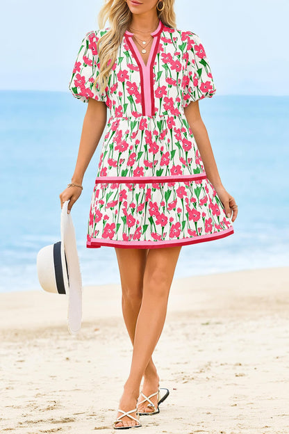 Limited time sale🔥Womens V Neck Floral Mini Dress Short Puff Sleeve Patchwork