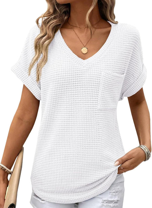 Limited time sale🔥Women's Oversized Waffle V Neck Short Sleeve Casual Top
