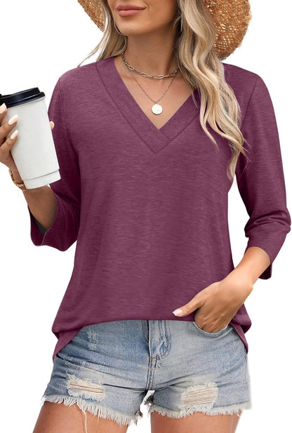 Women's Trendy V Neck 3/4 Long Sleeve Tops Loose Fit Blouse