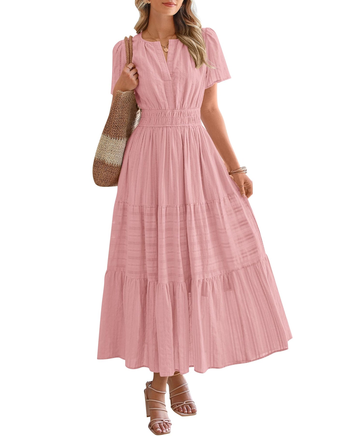 Limited time sale🔥Women's Lightweight Short Sleeve V Neck Elastic Waist Dresses