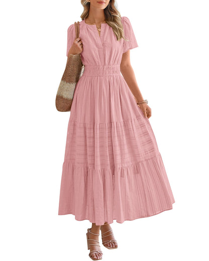 Limited time sale🔥Women's Lightweight Short Sleeve V Neck Elastic Waist Dresses