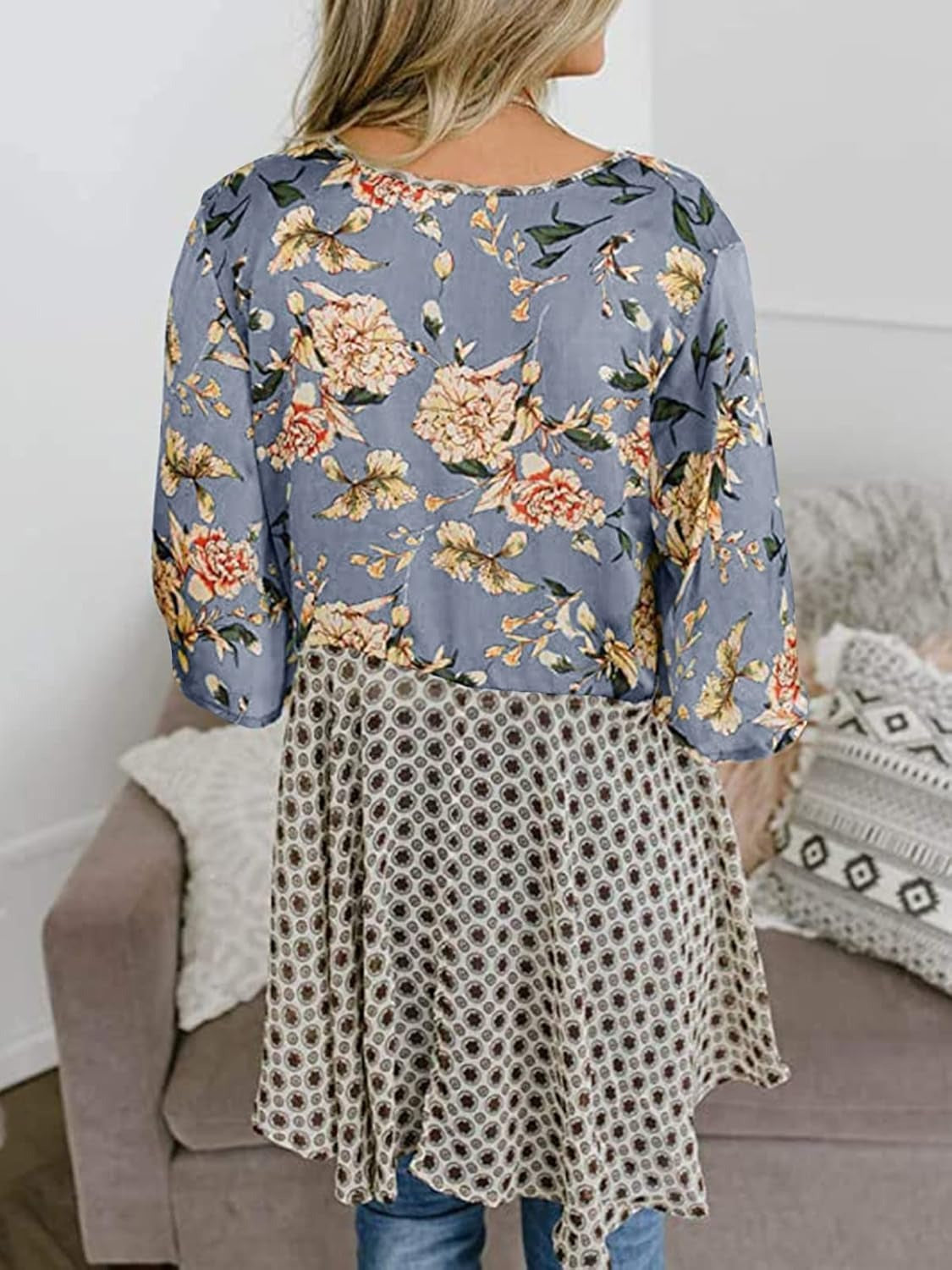 Women's Floral Kimono Ruffle Sleeve Tie Cardigans Flowy Boho Loose Cover Ups