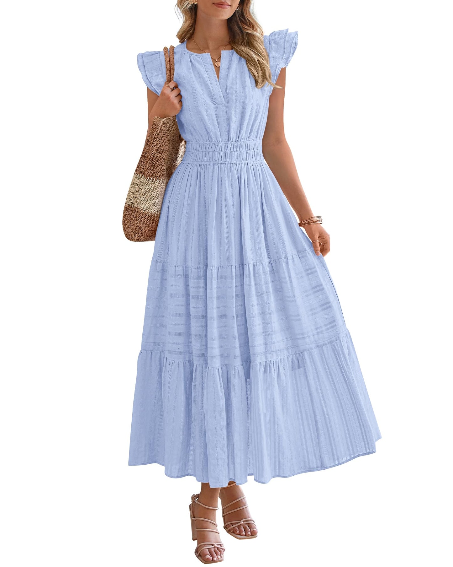 Dresses for Women Spring 2026 Maxi Casual Dress Flutter Short Sleeve V Neck
