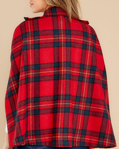 Women's Plaid Double Breasted Winter Cape Turn Down Poncho Coats