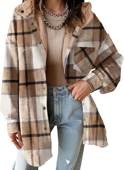 Women's Flannel Hooded Plaid Shacket Thick Coat Fuzzy Fleece Jacket