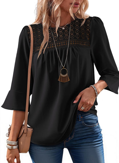 Women's 2026 Fashion Tops 3/4 Sleeve Crewneck Shirts Casual Boho Lace Blouses