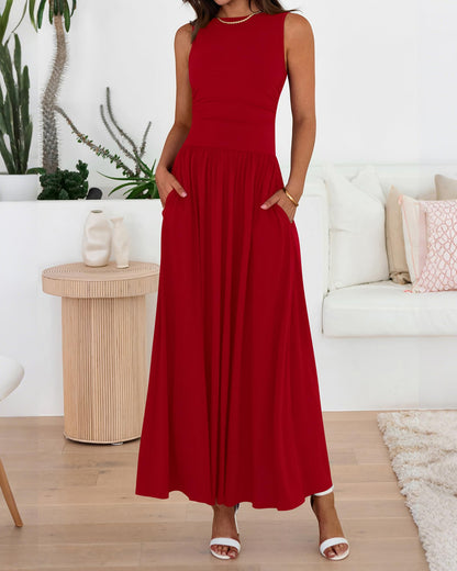 Limited time sale🔥Women's Solid Color Sleeveless Waist Pleated Design Dress with Pockets
