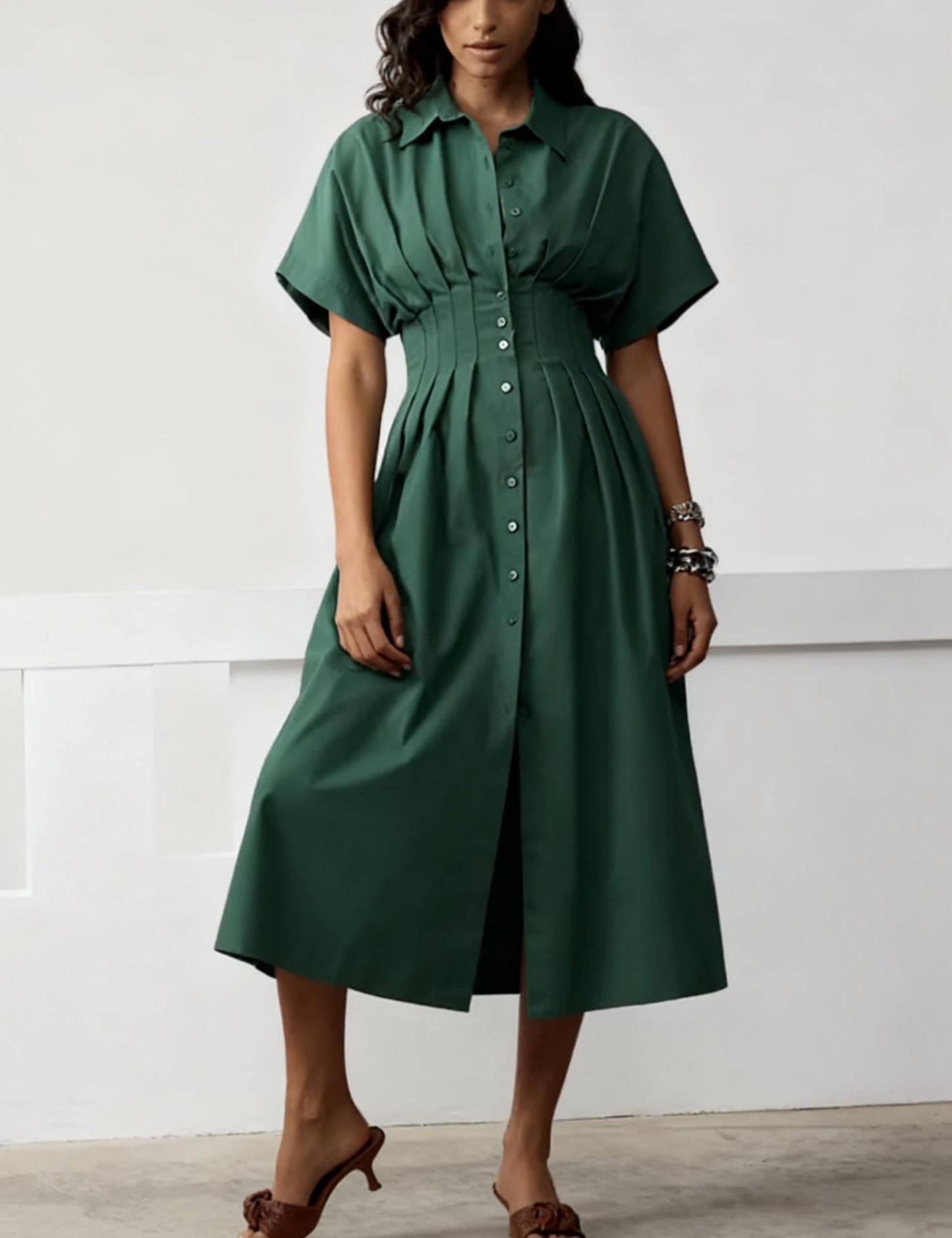 Shirt Dress for Women Summer Casual Short Sleeve Button Down Loose Pleated