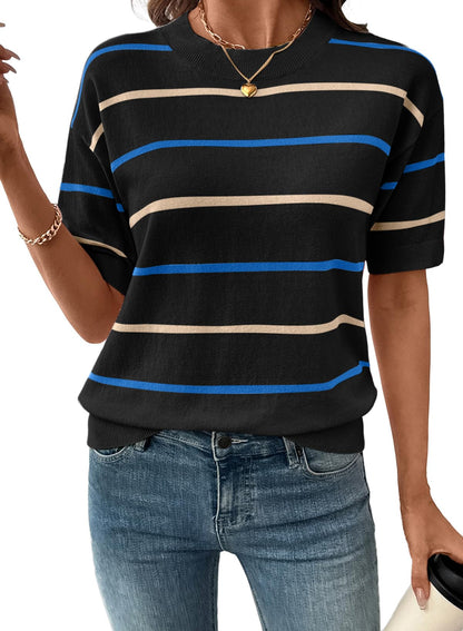 Limited time sale🔥Womens Tops Crewneck Short Sleeve Sweater Pullover Knit Striped Shirt