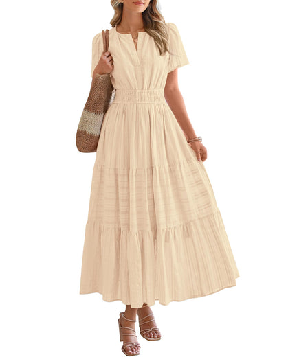 Limited time sale🔥Women's Lightweight Short Sleeve V Neck Elastic Waist Dresses