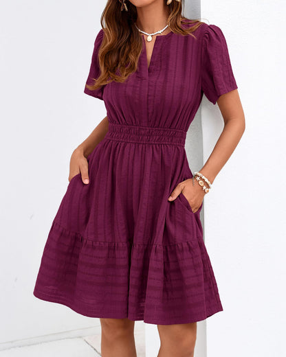 Women's Lightweight Short Sleeve V Neck Elastic Waist Mini Dress