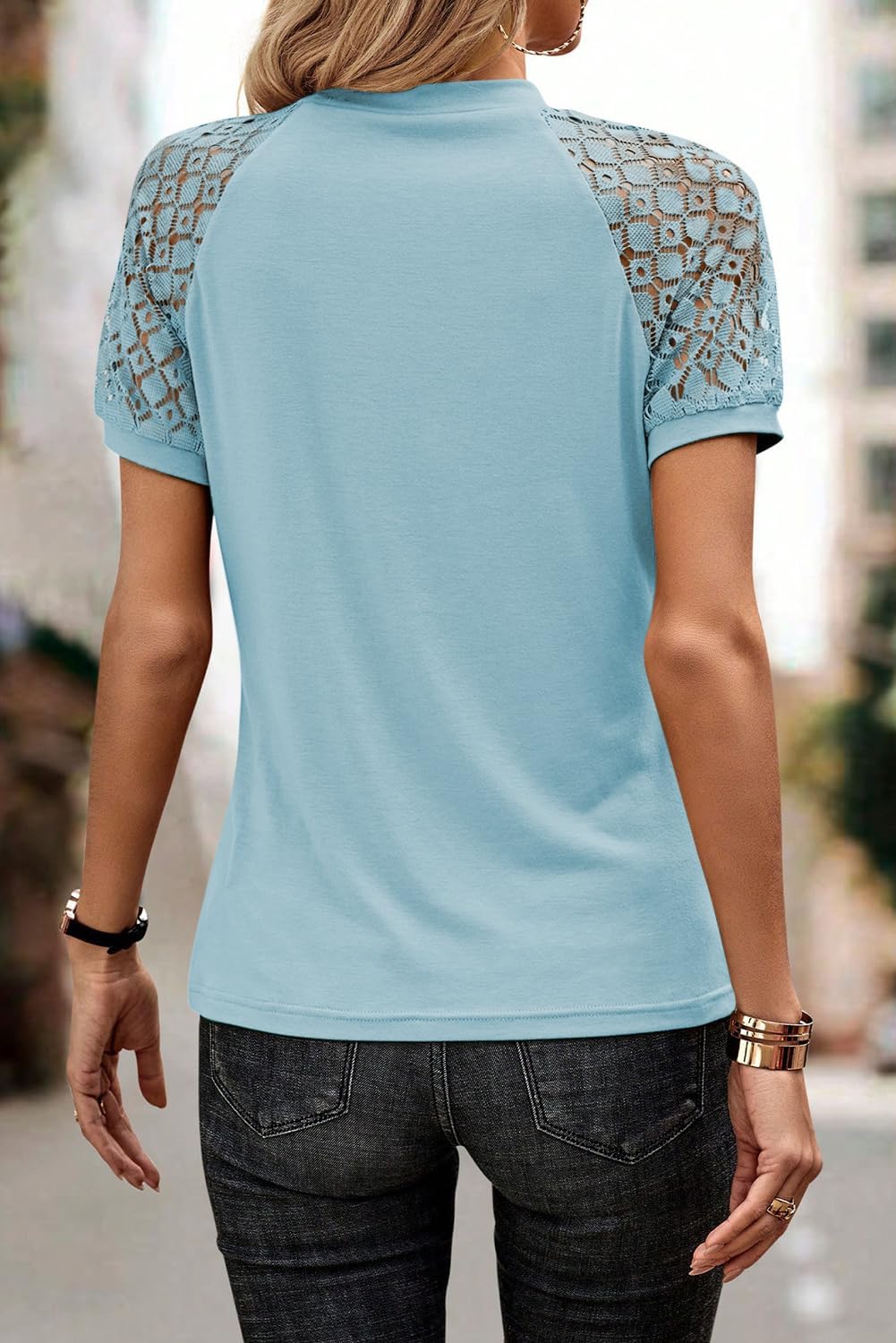 ✨Women's Casual Crewneck Lace Stitching Hollow Short Sleeve Tee