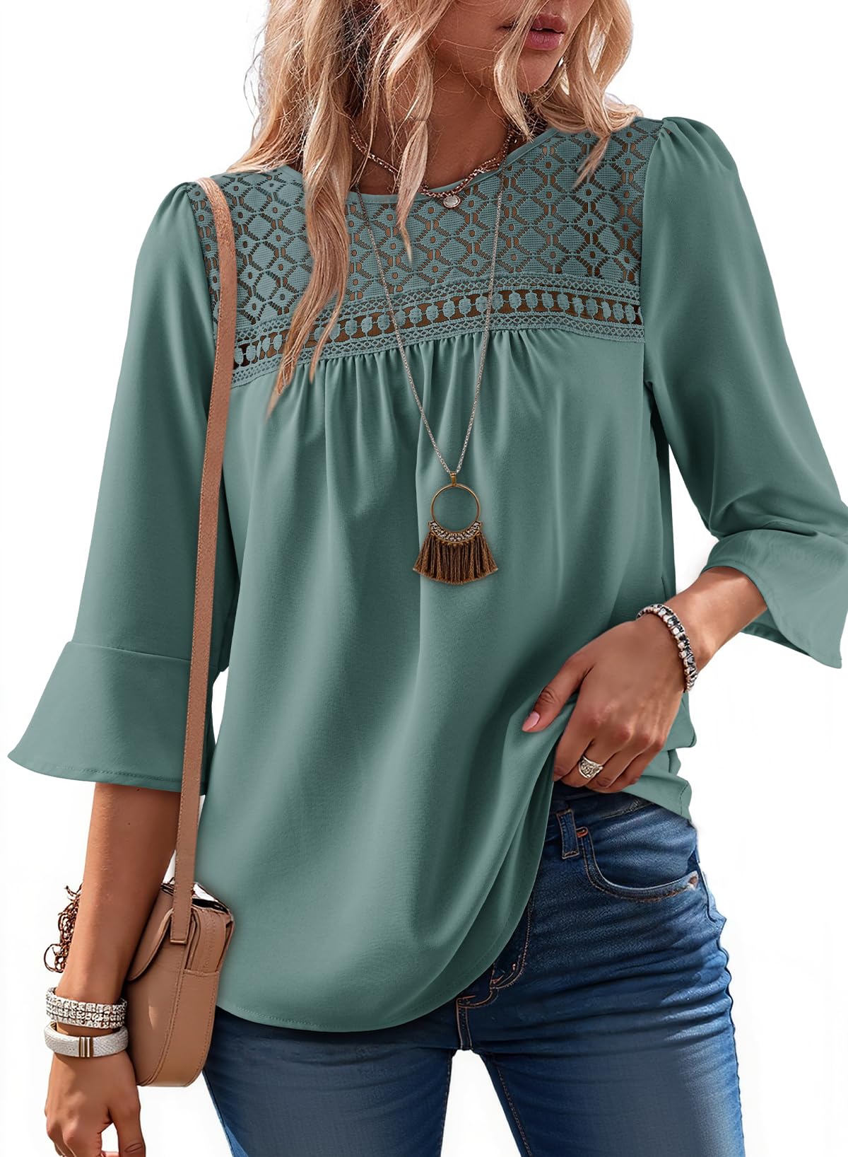 Women's 2026 Fashion Tops 3/4 Sleeve Crewneck Shirts Casual Boho Lace Blouses