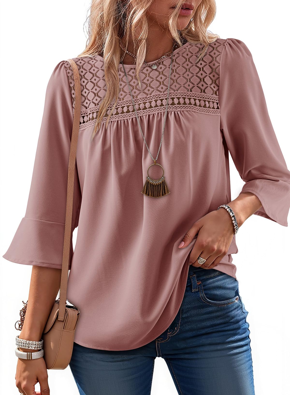 Women's 2026 Fashion Tops 3/4 Sleeve Crewneck Shirts Casual Boho Lace Blouses