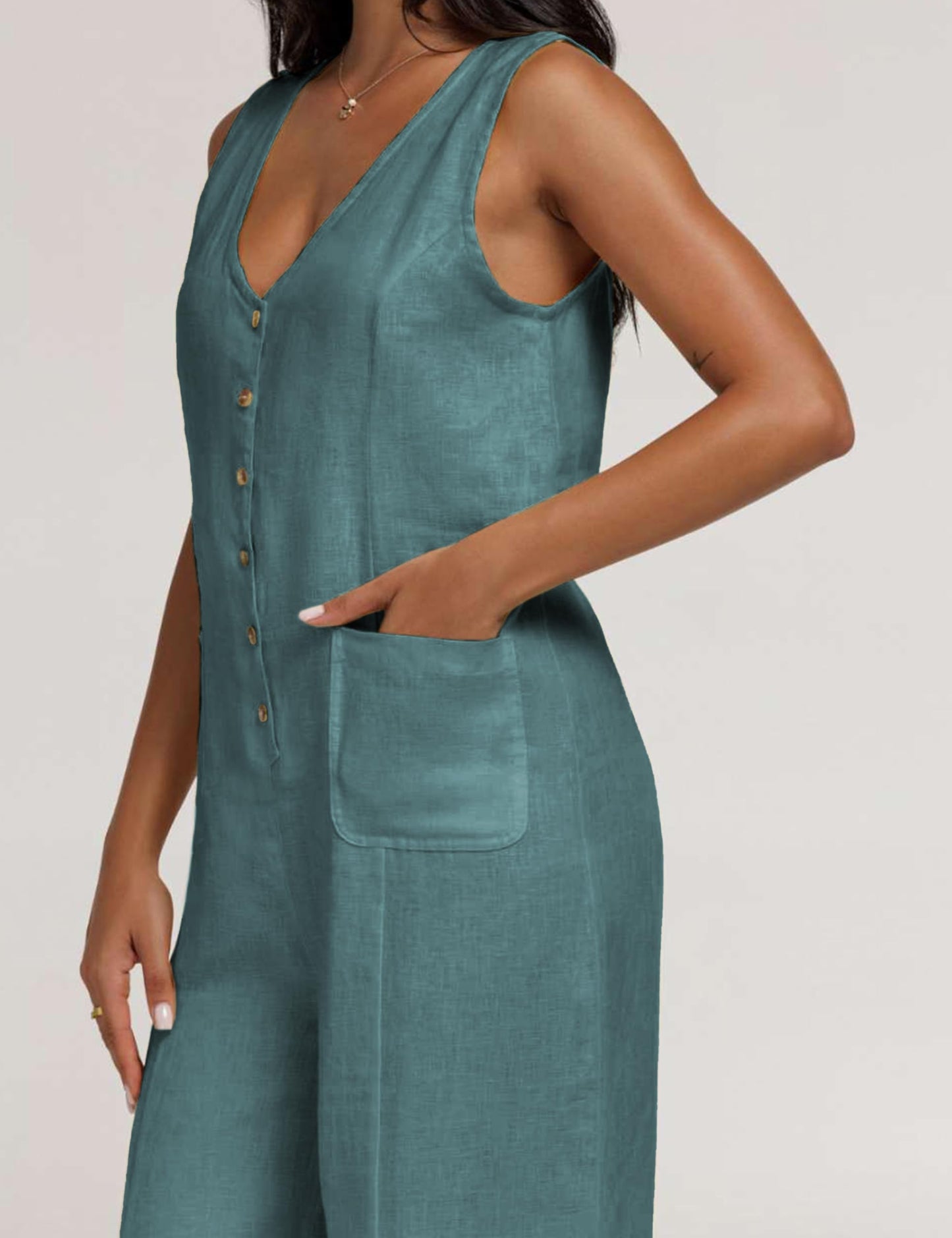Women Button Down Jumpsuits Sleeveless Casual Wide Legs