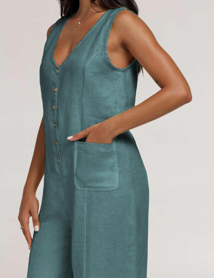 Women Button Down Jumpsuits Sleeveless Casual Wide Legs