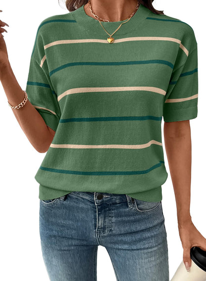 Limited time sale🔥Womens Tops Crewneck Short Sleeve Sweater Pullover Knit Striped Shirt