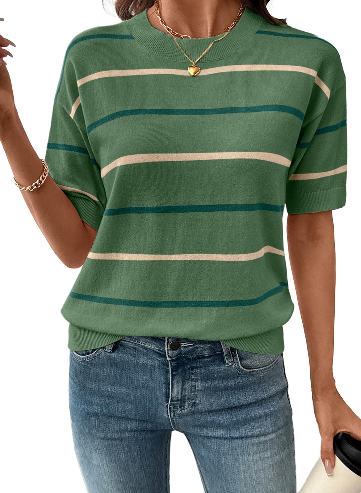 ⏰Hot Sale-Womens Tops Crewneck Short Sleeve Sweater Pullover Knit Striped Shirt Spring Outfits