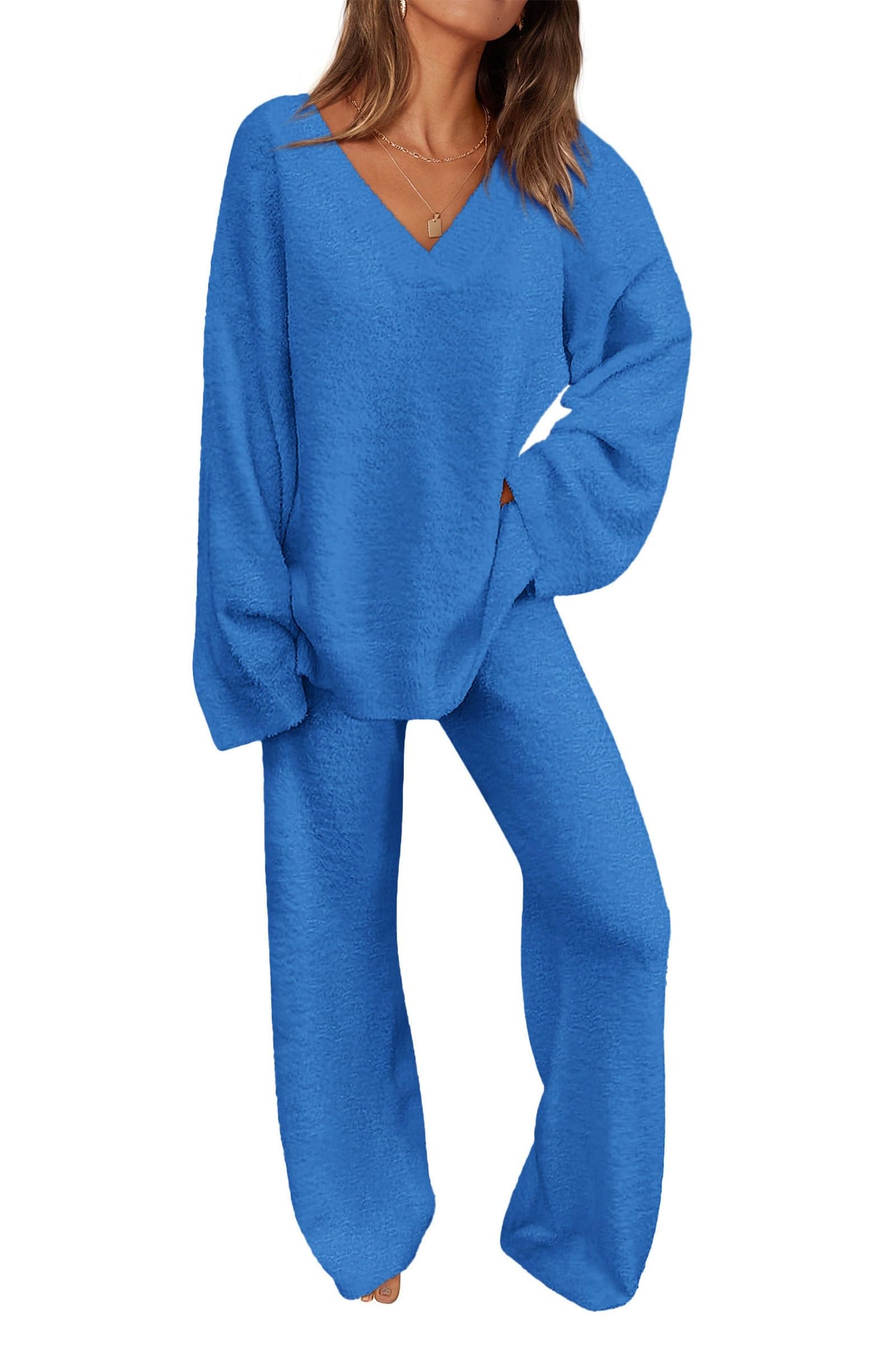 ✨Women's 2 Piece Oversized V Neck Pullover Sweater Fuzzy Lounge Set