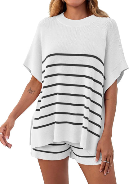 Women's Striped Two-Piece Oversized Batwing Sleeve Short Sleeve Top and Shorts Set