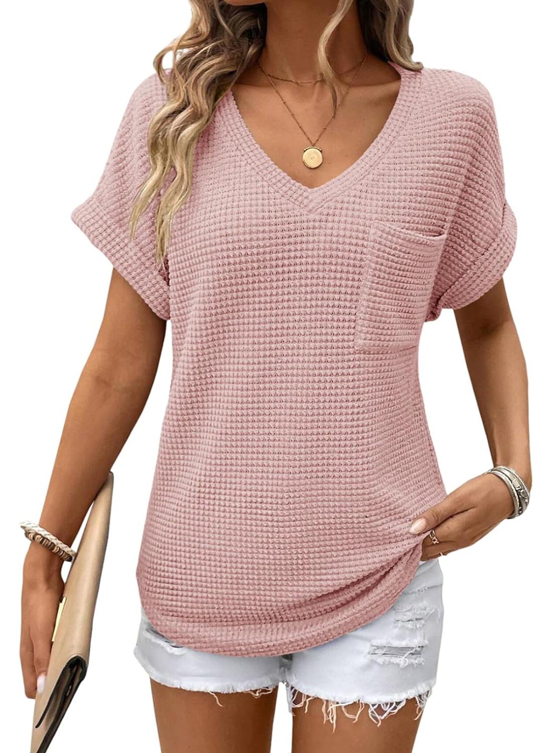 Limited time sale🔥Women's Oversized Waffle V Neck Short Sleeve Casual Top