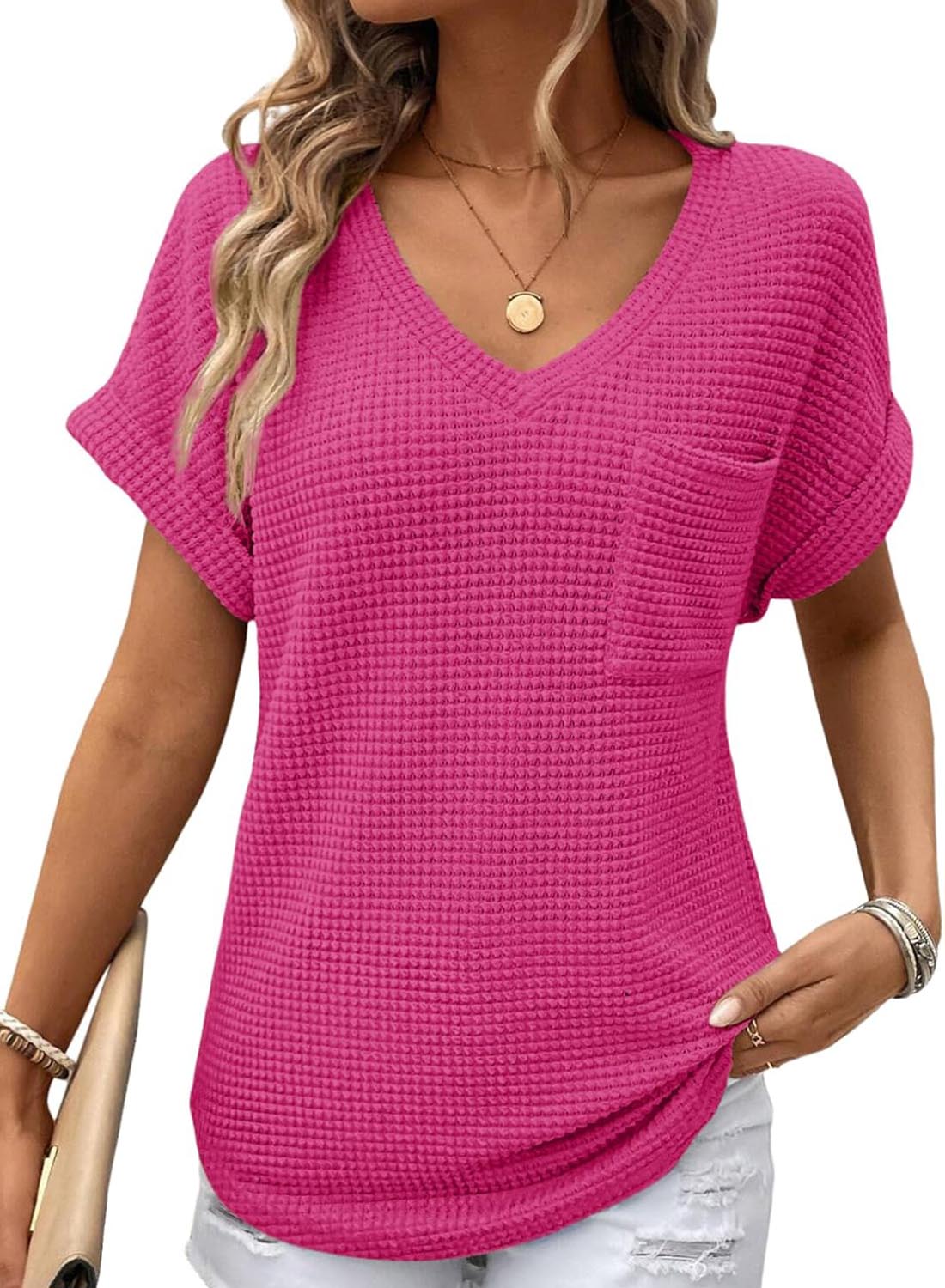 Limited time sale🔥Women's Oversized Waffle V Neck Short Sleeve Casual Top