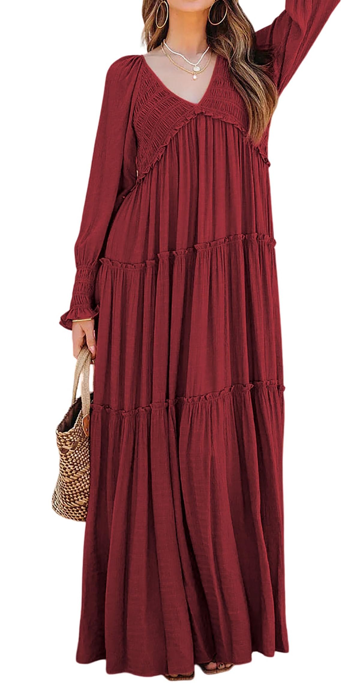 Women Long Sleeve V Neck Boho Casual Flowy Long Dresses✨Buy 2 Free Shipping