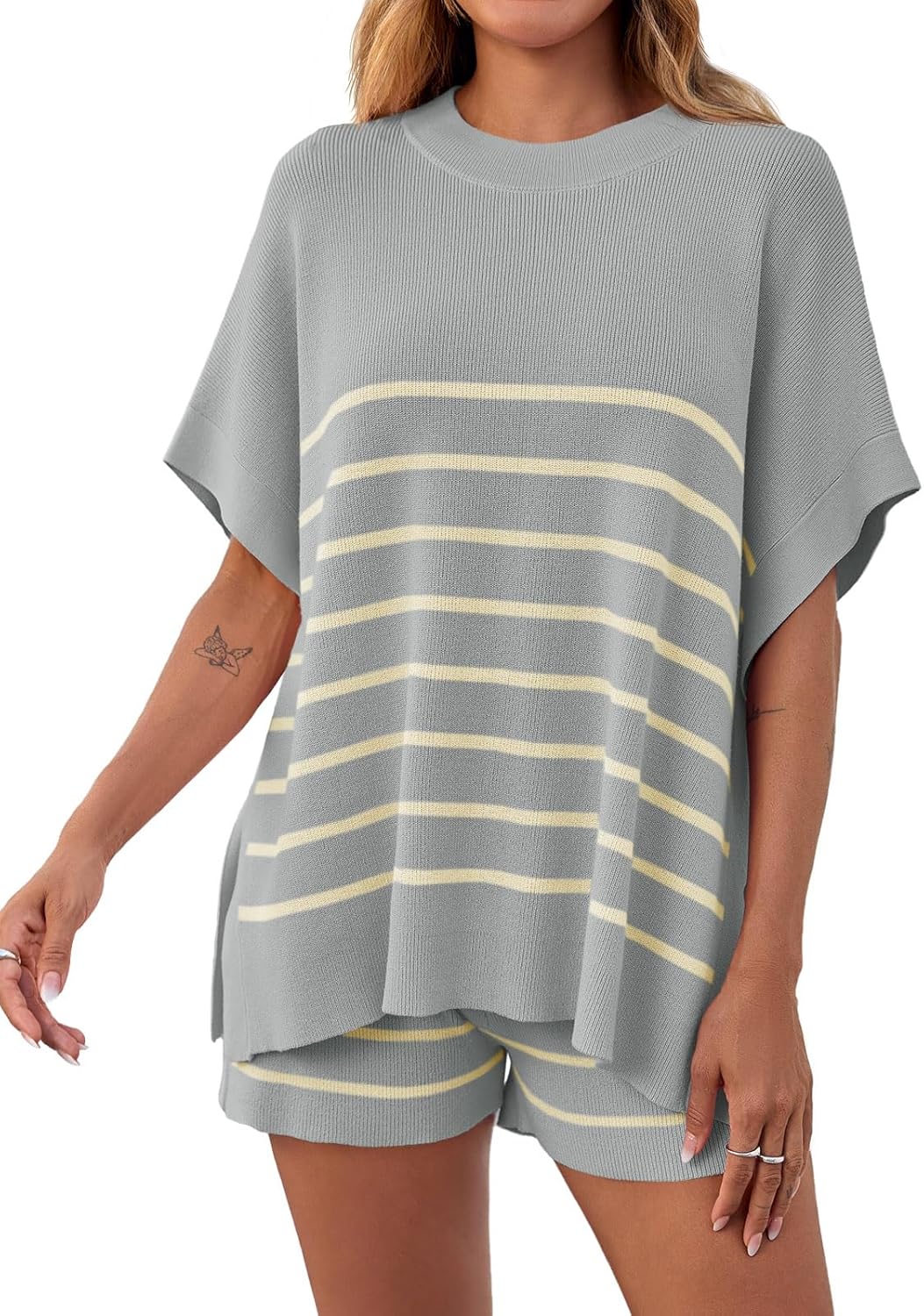 Women's Striped Two-Piece Oversized Batwing Sleeve Short Sleeve Top and Shorts Set