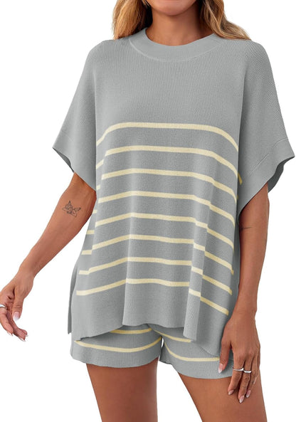 Women's Striped Two-Piece Oversized Batwing Sleeve Short Sleeve Top and Shorts Set