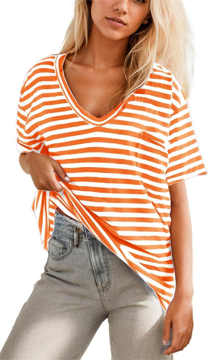 Women Oversized T Shirt Striped Short Sleeve Deep V Neck Tee Shirt ✨BUY 2 FREE SHIPPING