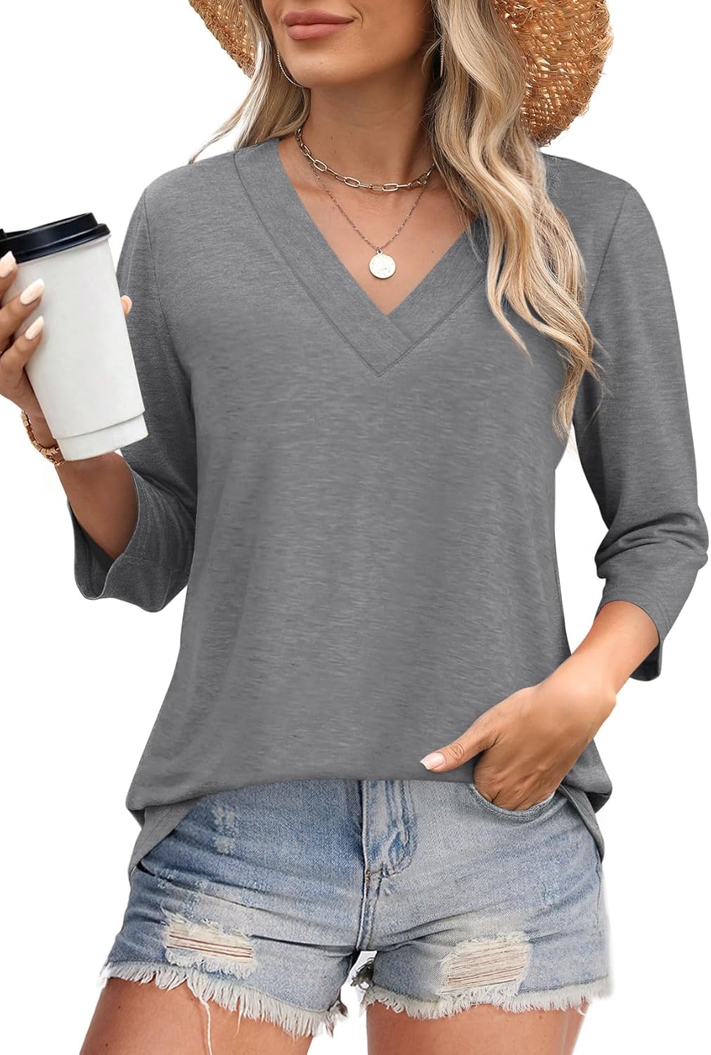 Women's Trendy V Neck 3/4 Long Sleeve Tops Loose Fit Blouse