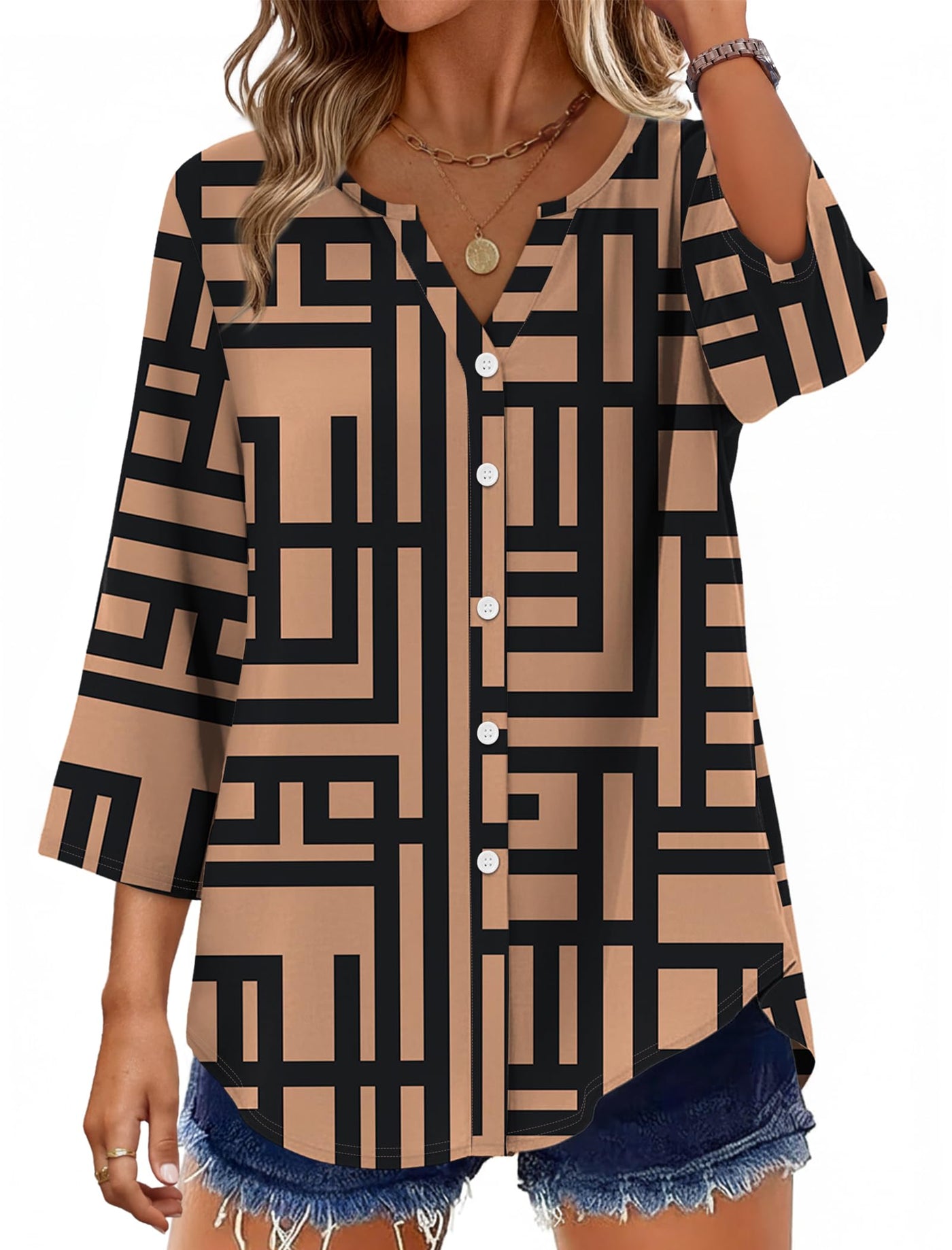 Women's Cotton 3/4 Sleeve Button Down Gingham Shirts