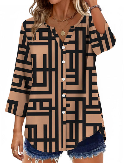 Women's Cotton 3/4 Sleeve Button Down Gingham Shirts