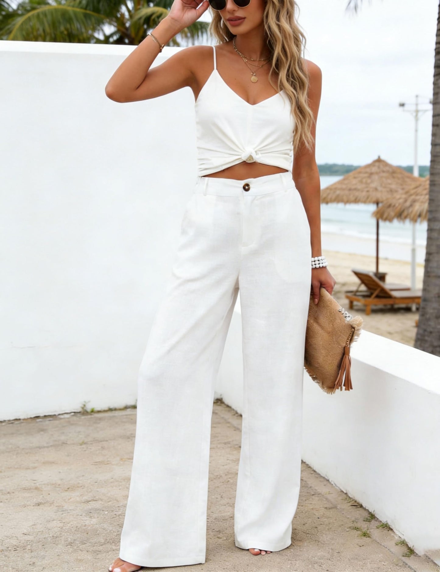 Women's Cotton Linen Casual Button Up Wide Leg Pants