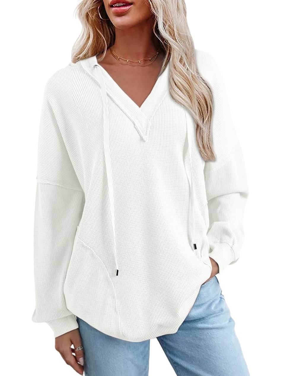 Women Casual V Neck Drawstring Waffle Knit Hoodies Oversized Sweatshirts
