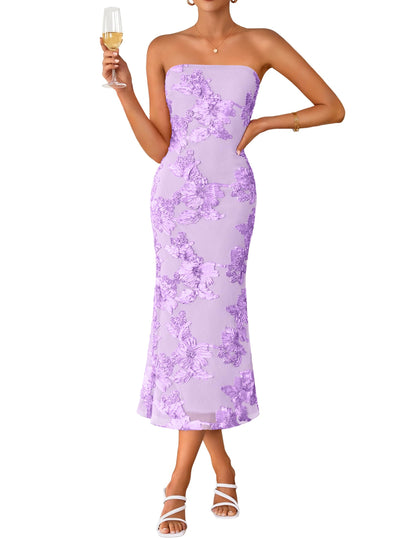 Women's Summer Strapless Floral Midi Dress 2026 Bodycon Mesh Tube Wedding Guest Cocktail Party Long Dresses