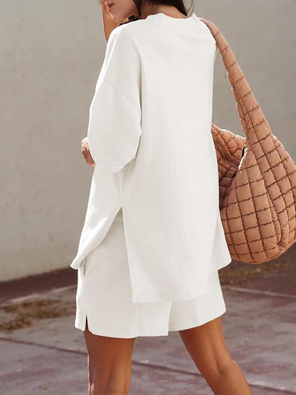 Women's Casual Solid Color Suit with Slit Top and Shorts