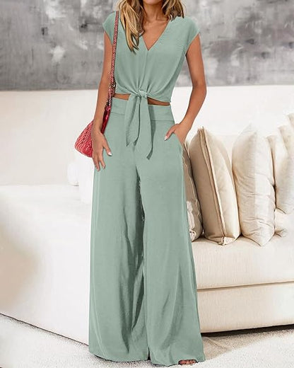 Women's Summer Cap Sleeve V Neck Drawstring Cropped Top Wide Leg Pants Suit