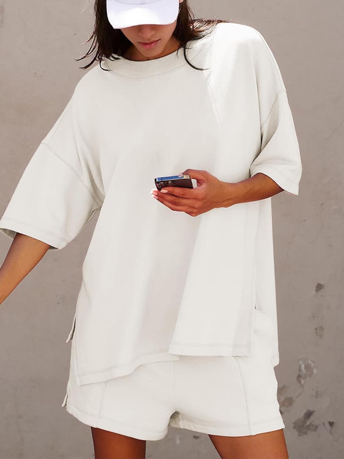 Women's Casual Solid Color Suit with Slit Top and Shorts