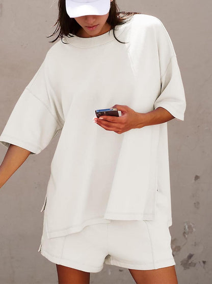 Women's Casual Solid Color Suit with Slit Top and Shorts
