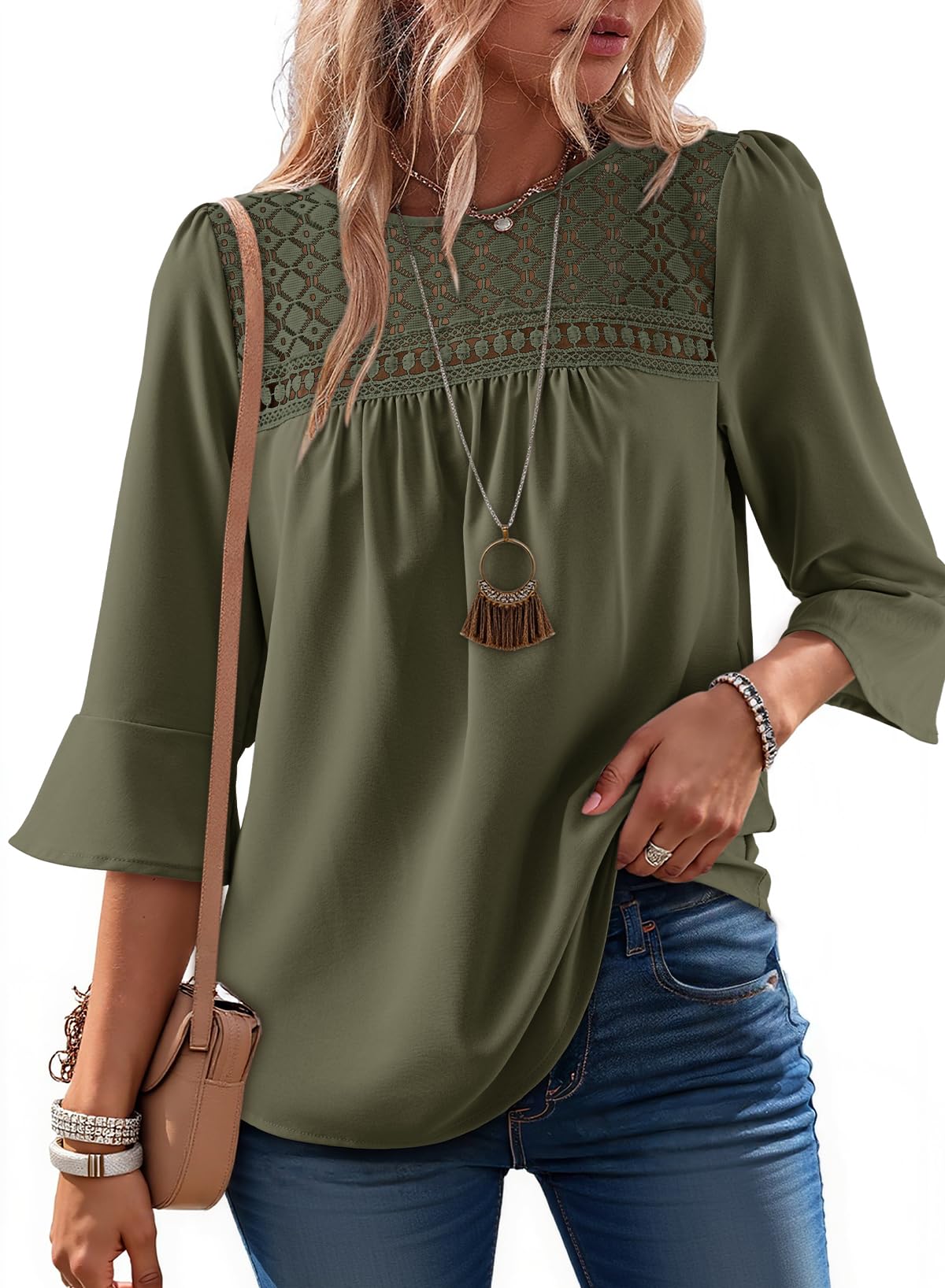 Women's 2026 Fashion Tops 3/4 Sleeve Crewneck Shirts Casual Boho Lace Blouses