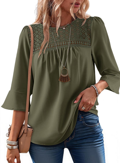 Women's 2026 Fashion Tops 3/4 Sleeve Crewneck Shirts Casual Boho Lace Blouses