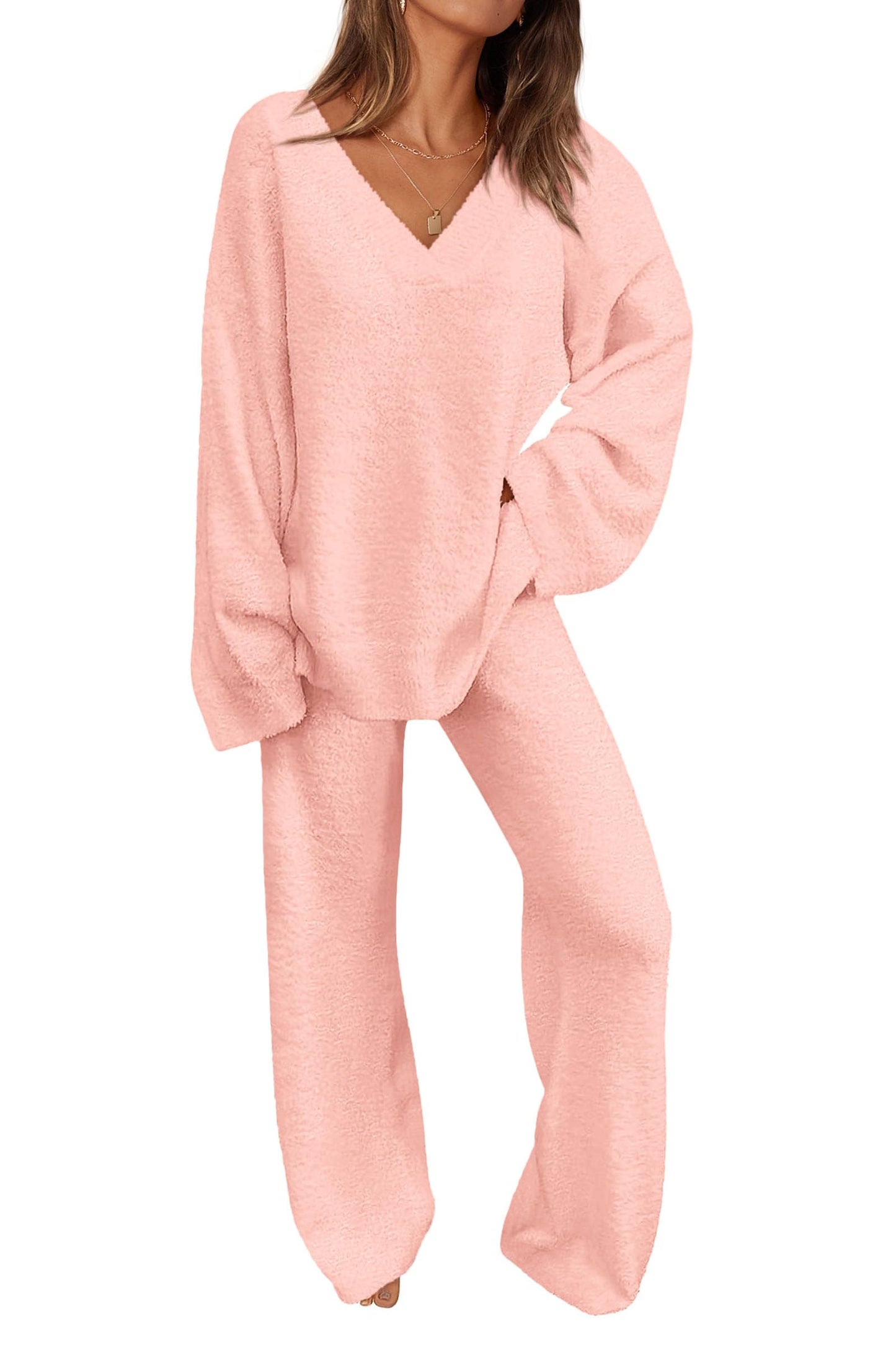 ✨Women's 2 Piece Oversized V Neck Pullover Sweater Fuzzy Lounge Set