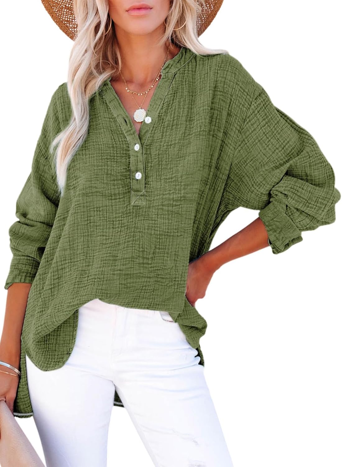 Limited time sale🔥Womens Casual Gauze Button Neck Long Sleeve Oversized BlousesTops