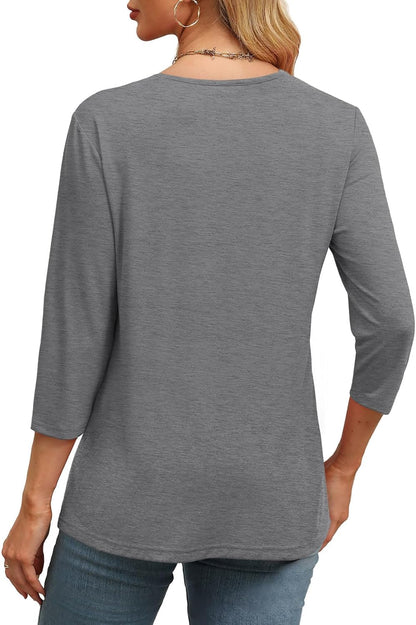 Women's Trendy V Neck 3/4 Long Sleeve Tops Loose Fit Blouse