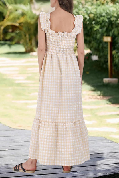 Women's Retro Plaid Smocked Dress Spaghetti Strap Flounce Long Dress With Pockets
