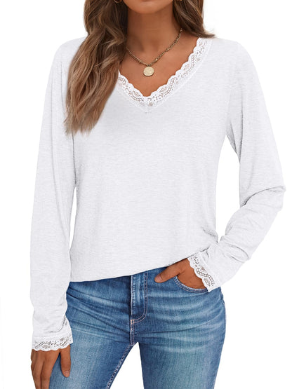 V Neck T Shirts for Women Lace Long Sleeve Tops