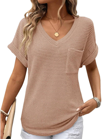 Limited time sale🔥Women's Oversized Waffle V Neck Short Sleeve Casual Top